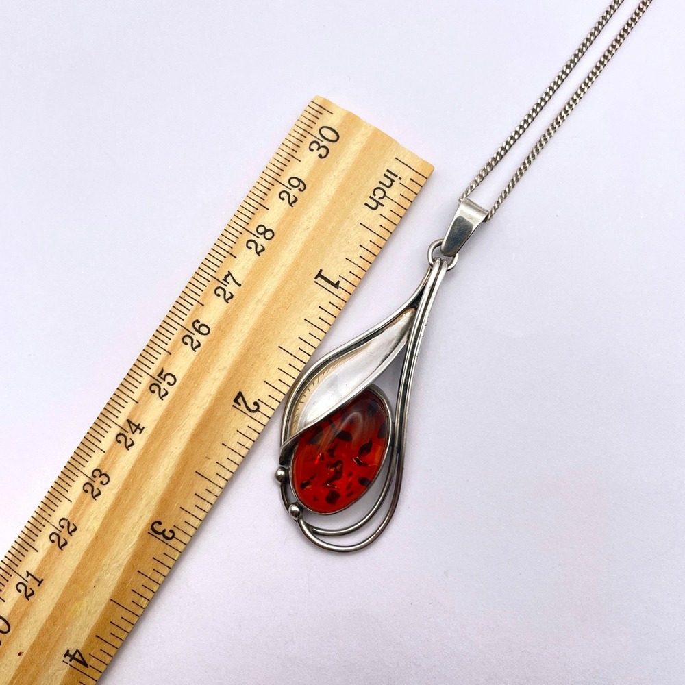 Nouveau Sterling Silver Cognac Amber Oval Pendant Necklace 20" Cable Chain - Picture 10 of 11